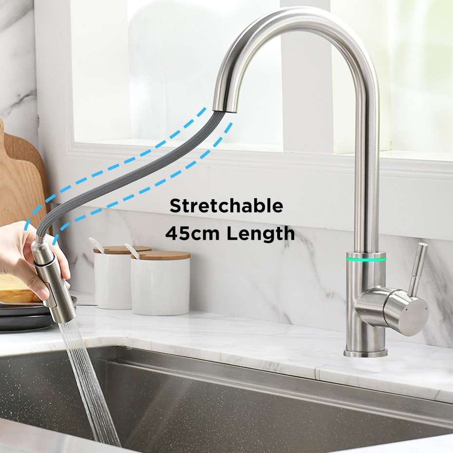 1067 Luxury Brass Gourmet Pull Down Smart Touch Sensor Kitchen Faucet with LED 3 Way Water Saving Faucet Hot Cold Mixers Tap