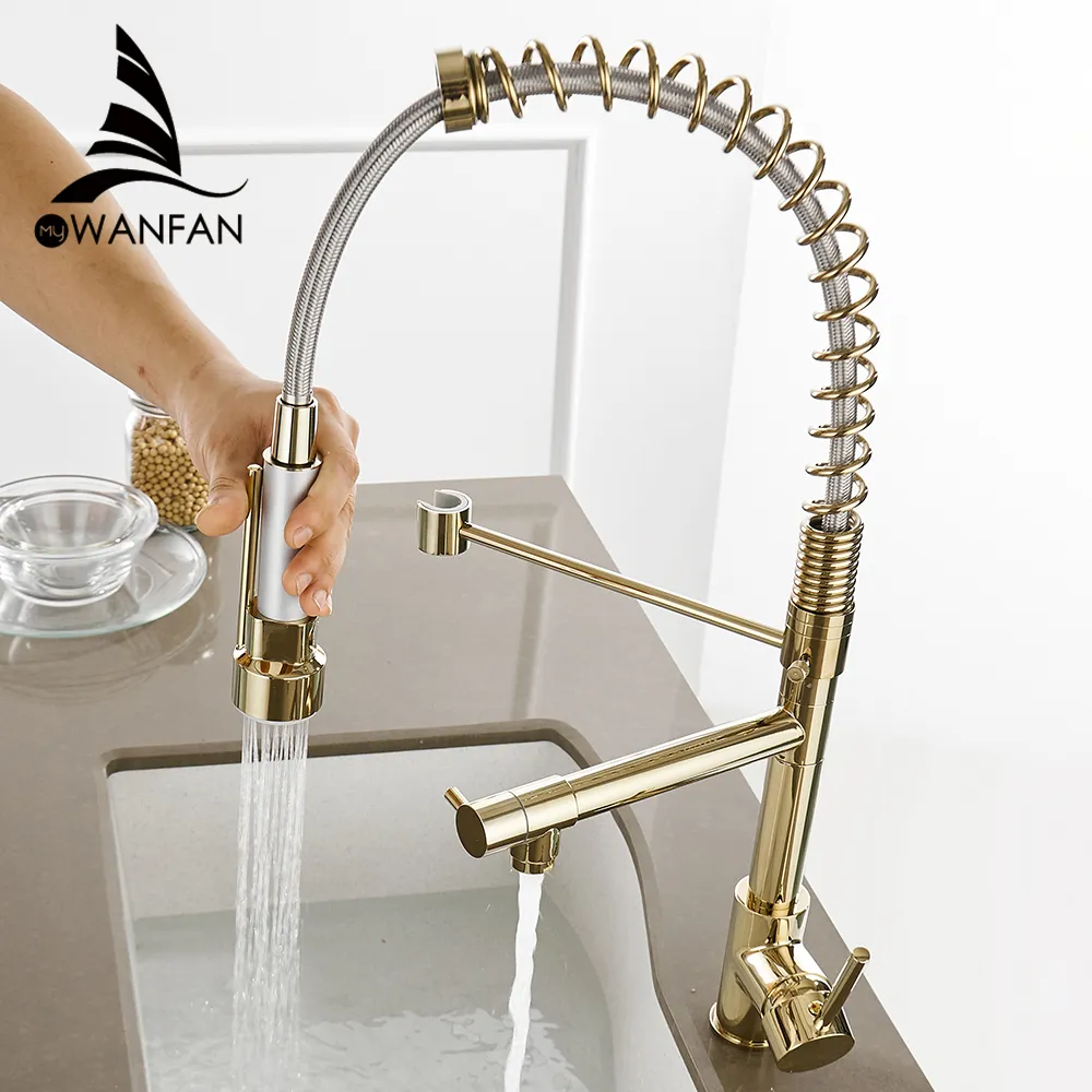 WANFAN 866021 Brass Spring Kitchen Faucets with Pull Out Spray Swivel 360 Degree 1 Hole 1 Handle Mixer Water Tap with 2 Spout