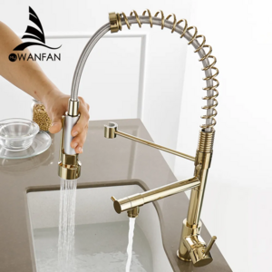 WANFAN 866021 Brass Spring Kitchen Faucets with Pull Out Spray Swivel 360 Degree 1 Hole 1 Handle Mixer Water Tap with 2 Spout