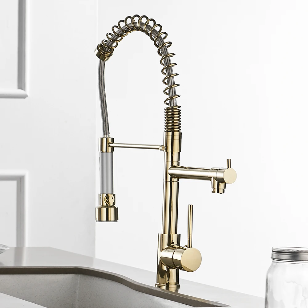 WANFAN 866021 Brass Spring Kitchen Faucets with Pull Out Spray Swivel 360 Degree 1 Hole 1 Handle Mixer Water Tap with 2 Spout