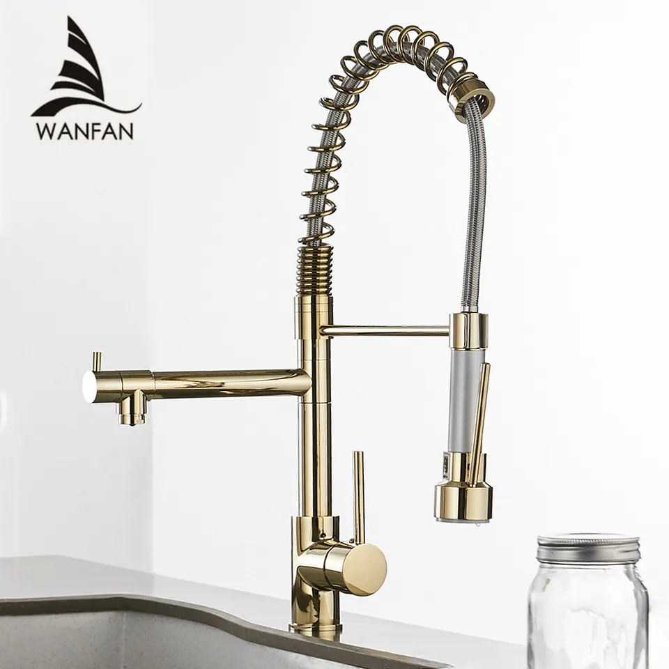 WANFAN 866021 Brass Spring Kitchen Faucets with Pull Out Spray Swivel 360 Degree 1 Hole 1 Handle Mixer Water Tap with 2 Spout