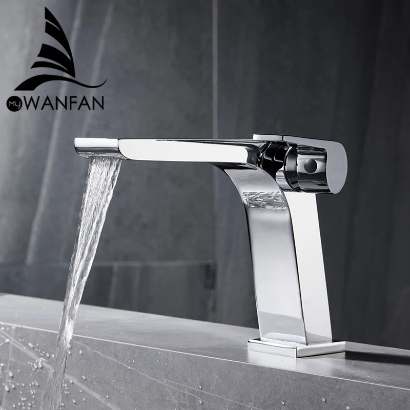 Waterfall Faucet Bathroom Sink Tap Brass Faucet Modern One Hole Wash Hand Basin Tap One Handle Water Mixer Cold&Hot Water Faucet