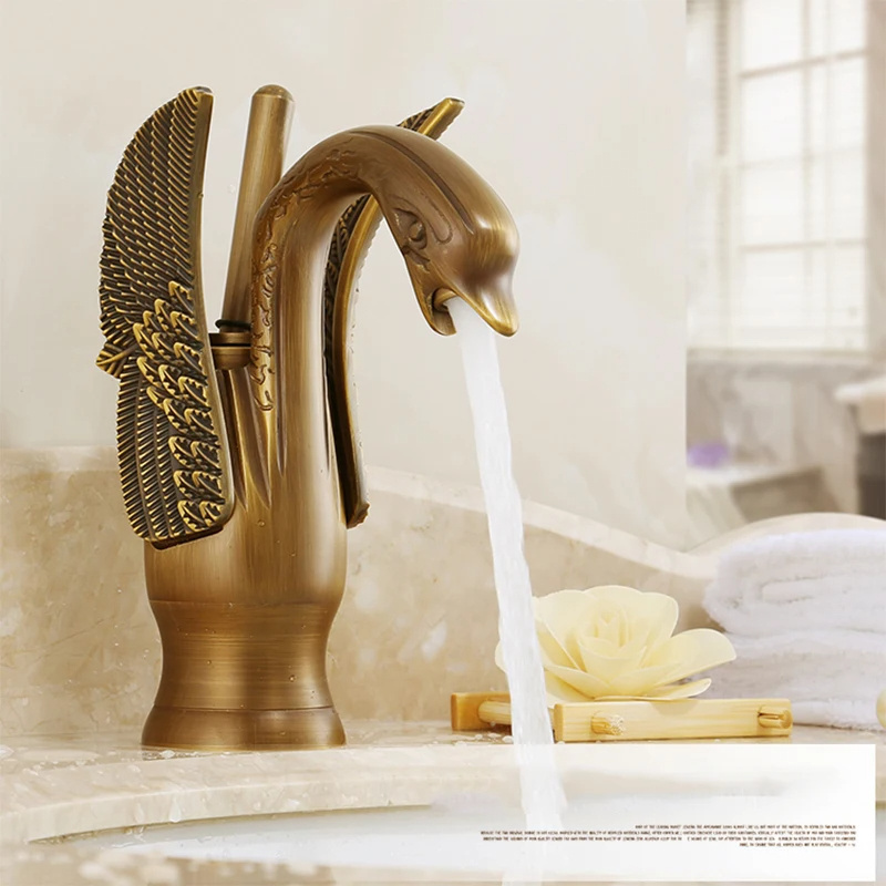 Hotel Luxury Antique Swan Faucet Arch Single Handle Brass Sink Mixers Tap Hot Cold Bathroom Faucets Lavatory Basin Faucet