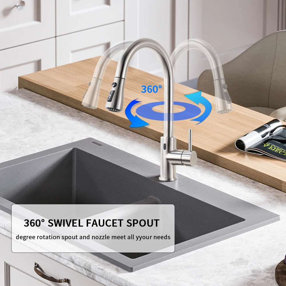 SUS304 Gourmet Pull Down Smart Touchless Sensor Kitchen Faucet 3 Way Multifunctional Water Saving Faucet Hot Cold Mixers Tap