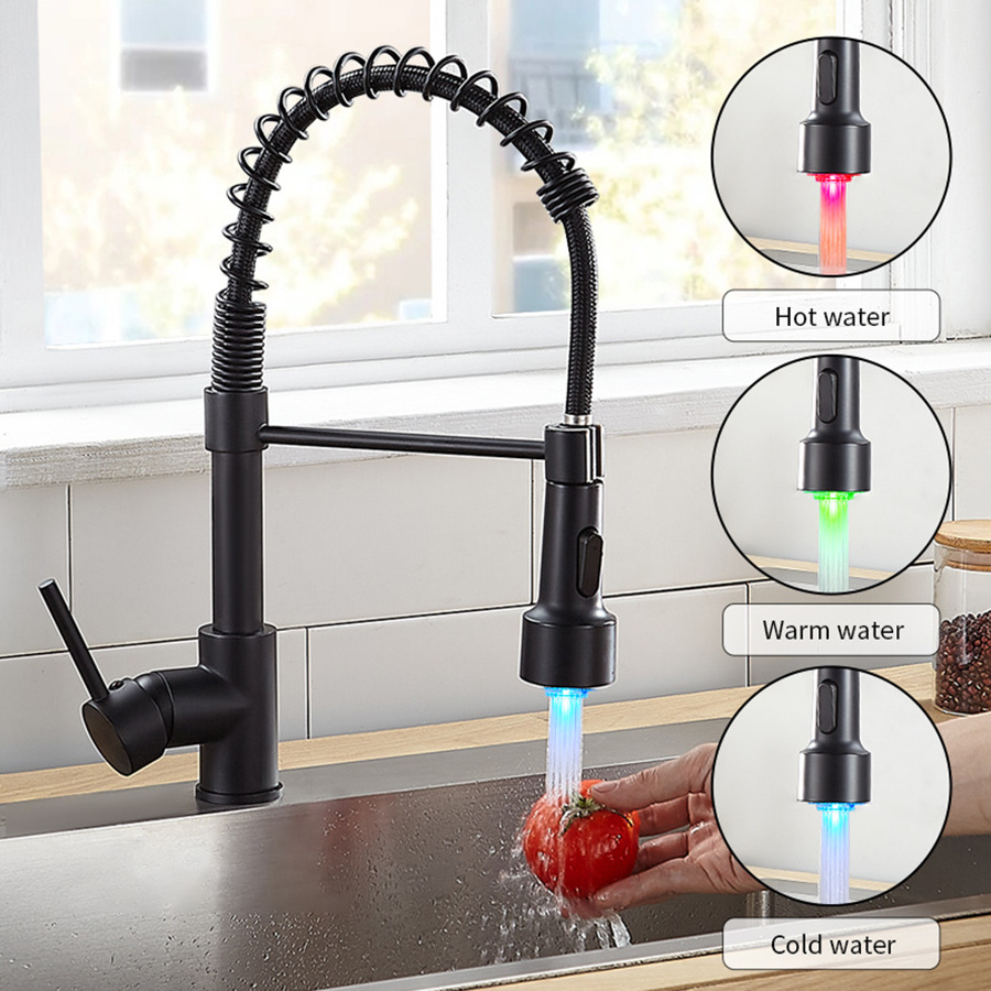 Gourmet Kitchen Faucets Pull Out LED Kitchen Taps Hot Cold Water Mixer Faucet Sink Tap Faucet Brass Copper Black for Kitchen