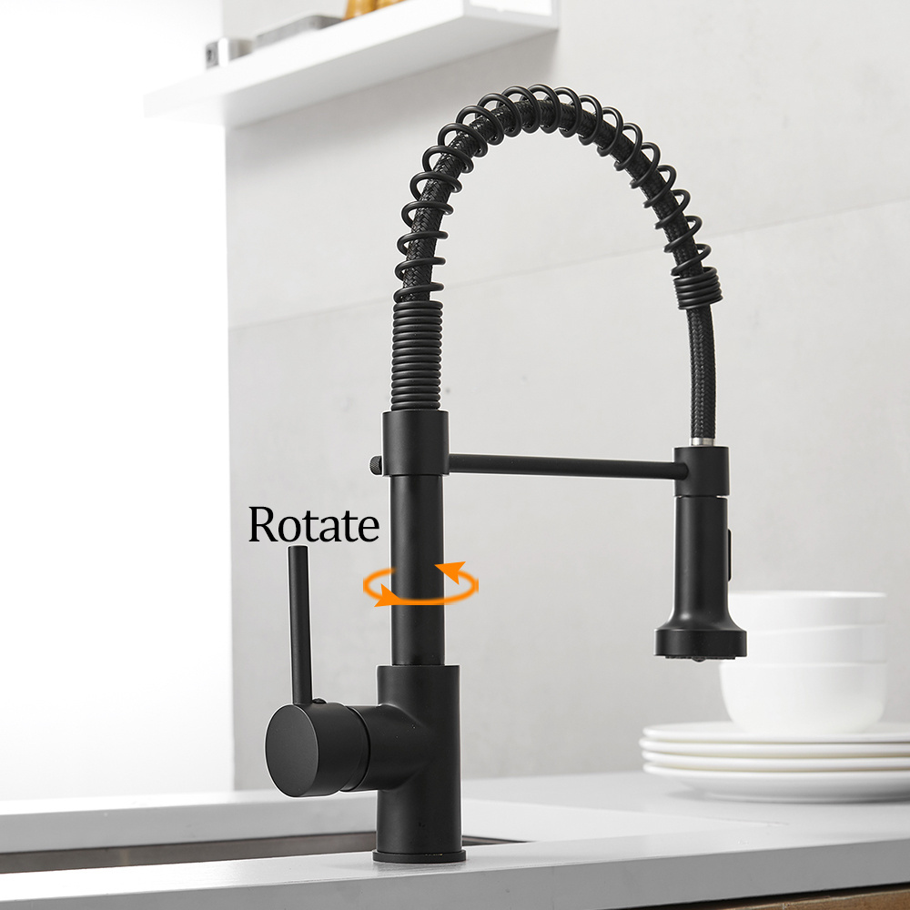 WF-9009R Black Filexiblel Hose For Kitchen Deck Mounted 360 Degree Rotate Brass Pull Down Kitchen Faucet