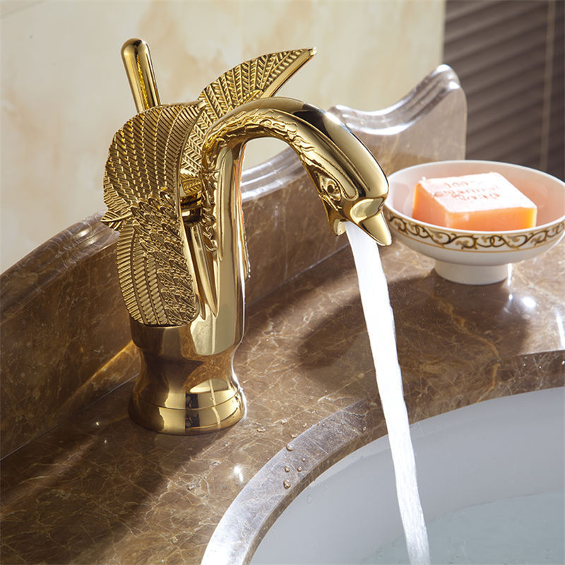 WANFAN Single Hole Brass Basin Sink Tap HJ-35K Luxury Swan Deck Mount Cold Hot Water Mixer Tap Gold Basin Faucet