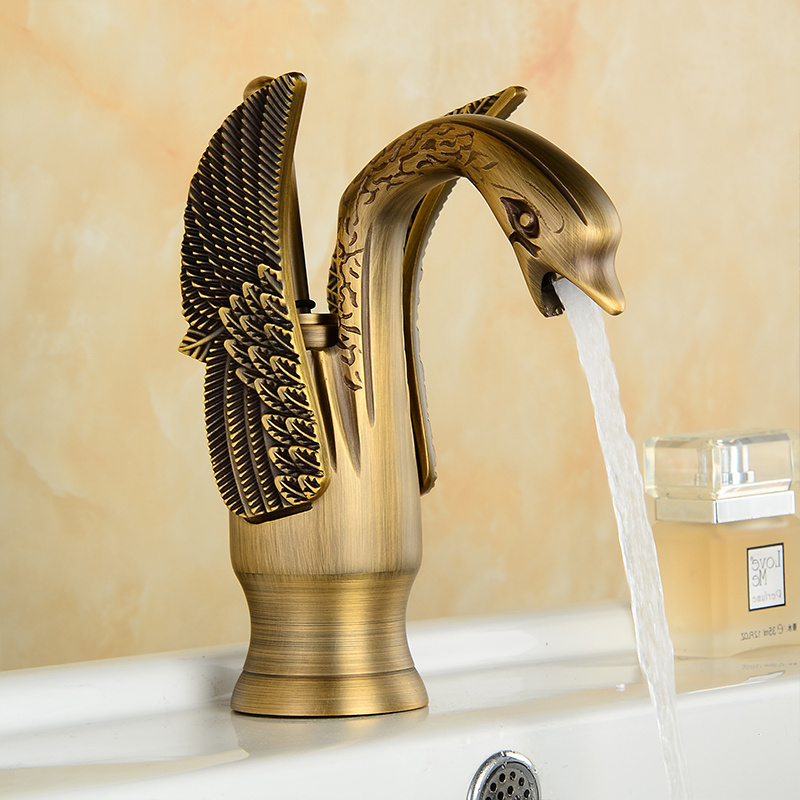 WANFAN Single Hole Brass Basin Sink Tap HJ-35K Luxury Swan Deck Mount Cold Hot Water Mixer Tap Gold Basin Faucet