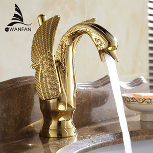 WANFAN Single Hole Brass Basin Sink Tap HJ-35K Luxury Swan Deck Mount Cold Hot Water Mixer Tap Gold Basin Faucet