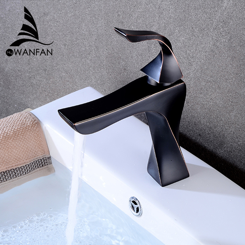 WANFAN Brass Basin Mixer Tap MKQ1-R Single Handle Black with Bronze Basin Sink Faucet