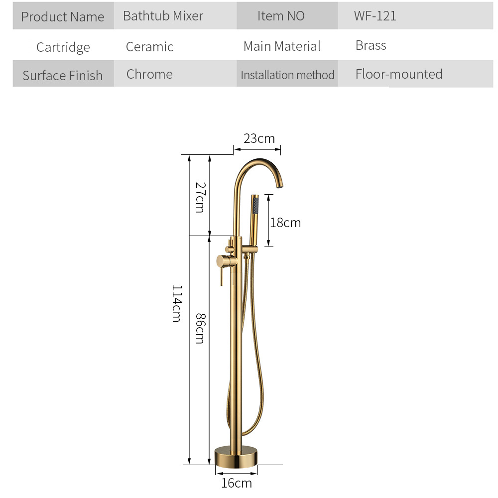 Bathtub Faucet 6021B-K Free Standing Swivel Spout Single Handle With Hand Spray Brass Gold Floor-standing Shower Set