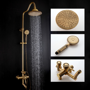 WANFAN European Style Shower Faucet 9712 Luxury 3 Way Outlet Wall Mount Antique Brass Rainfall Shower Set