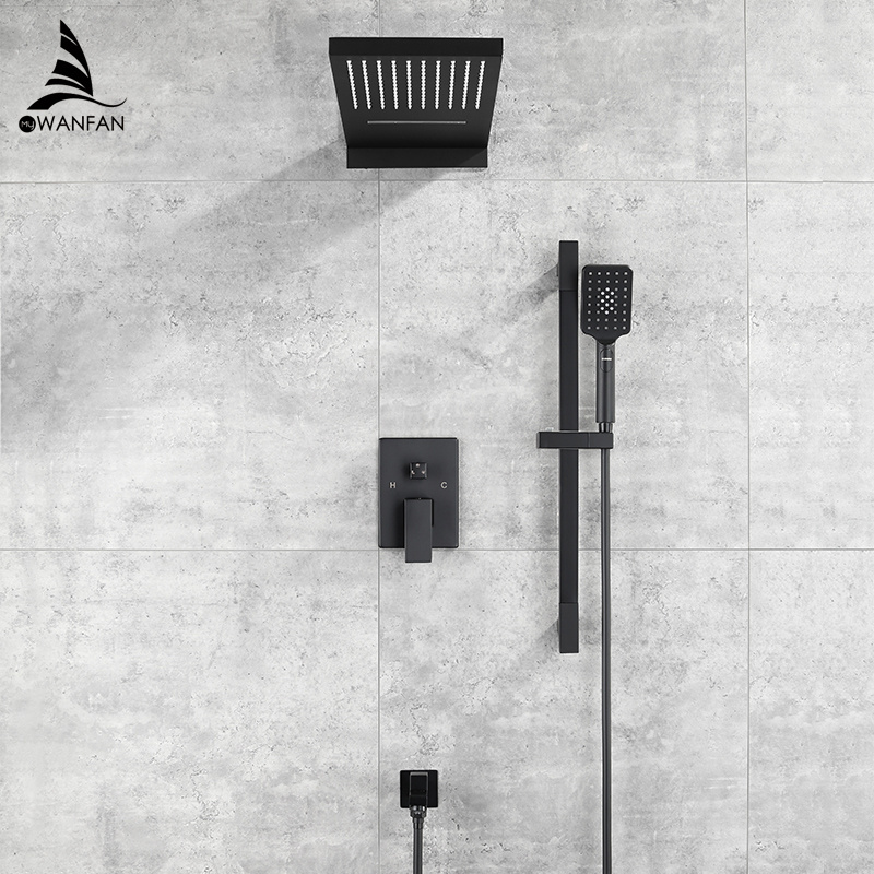 WANFAN Wall Mount Rainfall bathtub Faucet YB-623R 3 Ways Water Outlet black shower, concealed shower mixer concealed shower