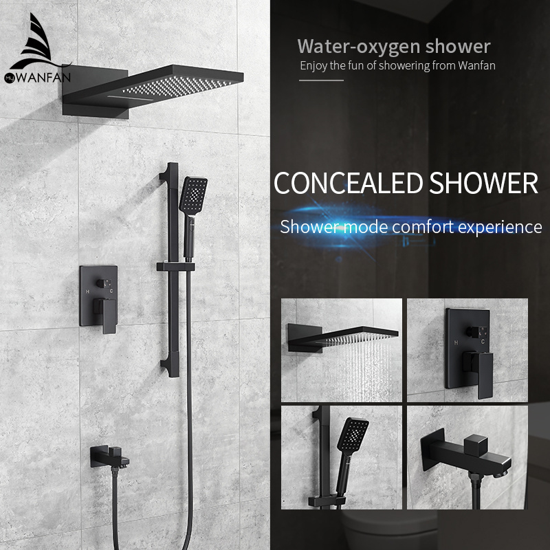 WANFAN Wall Mount Rainfall bathtub Faucet YB-623R 3 Ways Water Outlet black shower, concealed shower mixer concealed shower