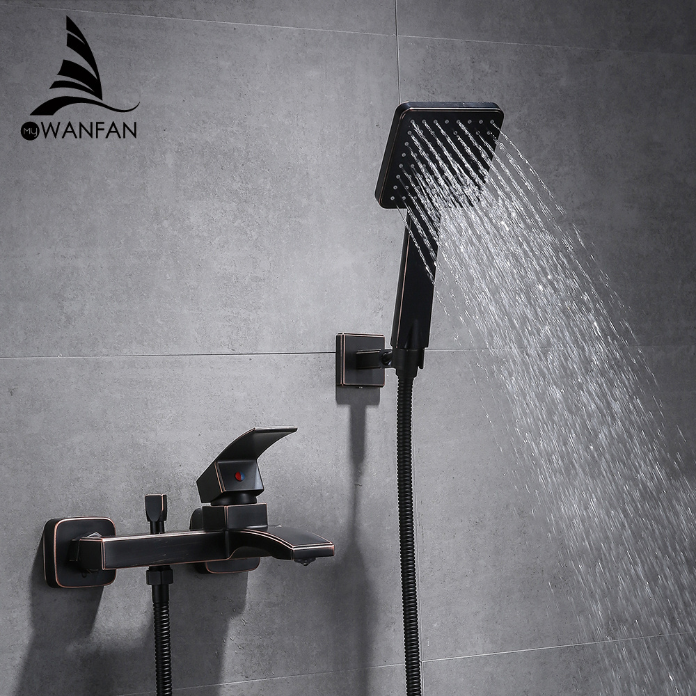 WANFAN Bathroom Shower Faucet 877841R 2 Ways Water Outlet Wall Mount Black Brass Rainfall Shower Set