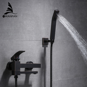 WANFAN Bathroom Shower Faucet 877841R 2 Ways Water Outlet Wall Mount Black Brass Rainfall Shower Set