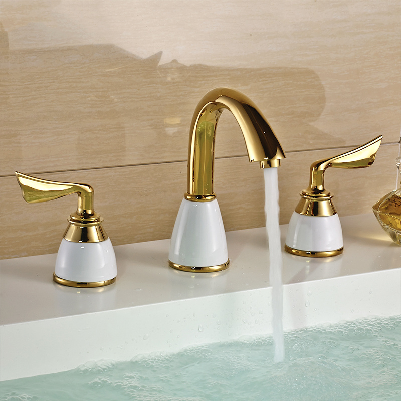 618 Golden Finish Mixer Tap Faucet Bathroom Mixer Deck Mounted Sink Tap Basin Toilet Faucet Set Luxury 3 Piece Set Faucet basin