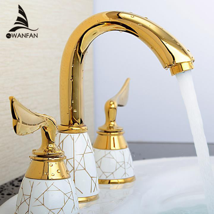 618 Golden Finish Mixer Tap Faucet Bathroom Mixer Deck Mounted Sink Tap Basin Toilet Faucet Set Luxury 3 Piece Set Faucet basin