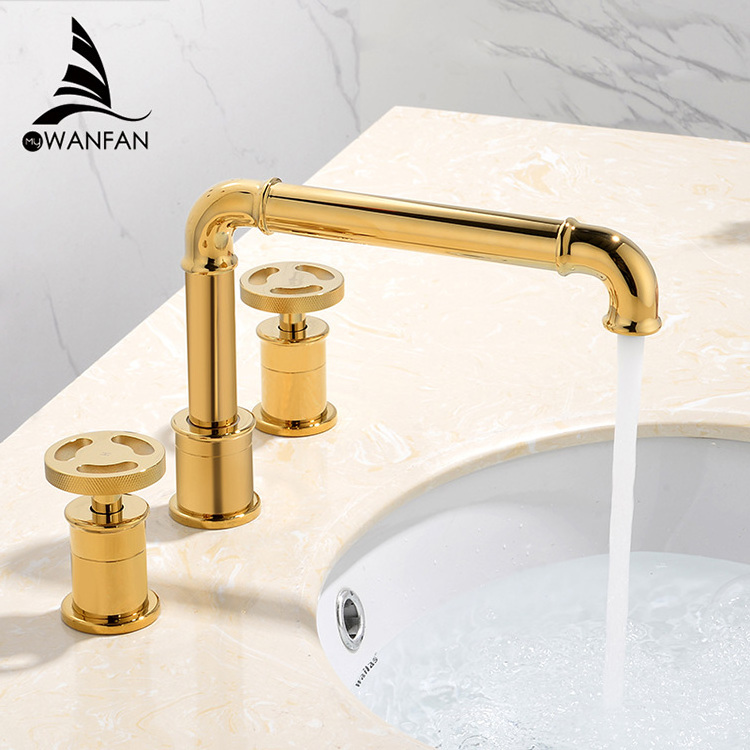 20A10 Luxury Bath basin Bathtub Tap Hot Cold Mixer Water Brass Golden Double Handle Basin Faucets 3 pieces bathroom sink faucet