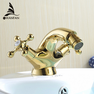 Gold Solid Brass Bathroom Faucet Bathroom Taps Basin Mixer Deck Mounted Cold Hot Water Tap Bathroom Mixer Washbasin Faucet