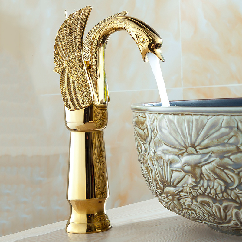 WANFAN HJ-36K New High Swan Faucet Arch Design Luxury Brass Hot And Cold Taps Single Hole Gold Basin Faucet