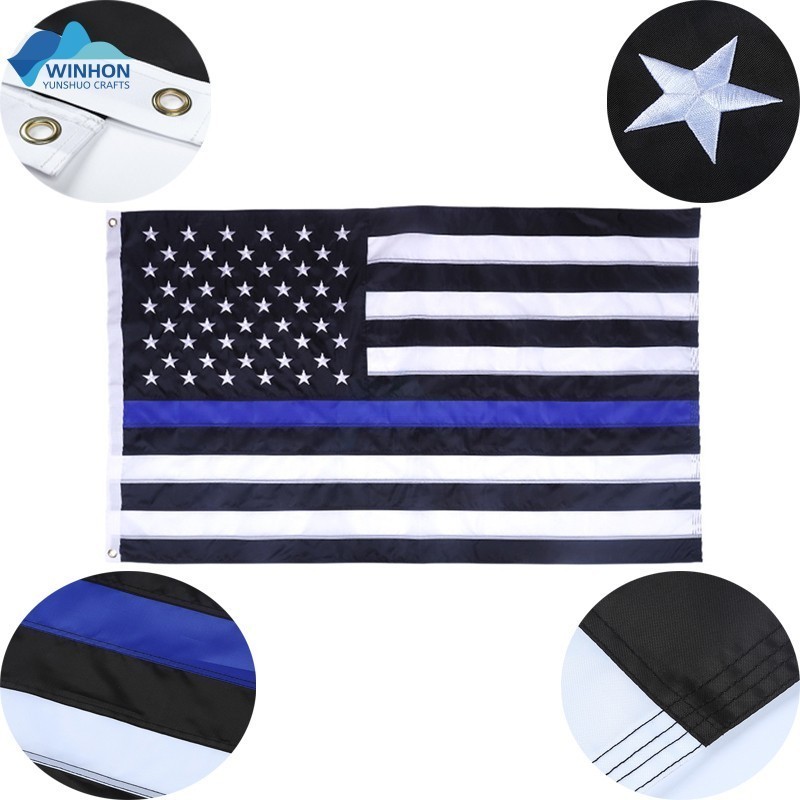 USA 3x5 Feet Embroidered With Stars Stitched Stripes Black White And Blue American Police Flag Thin Blue Line American Flag