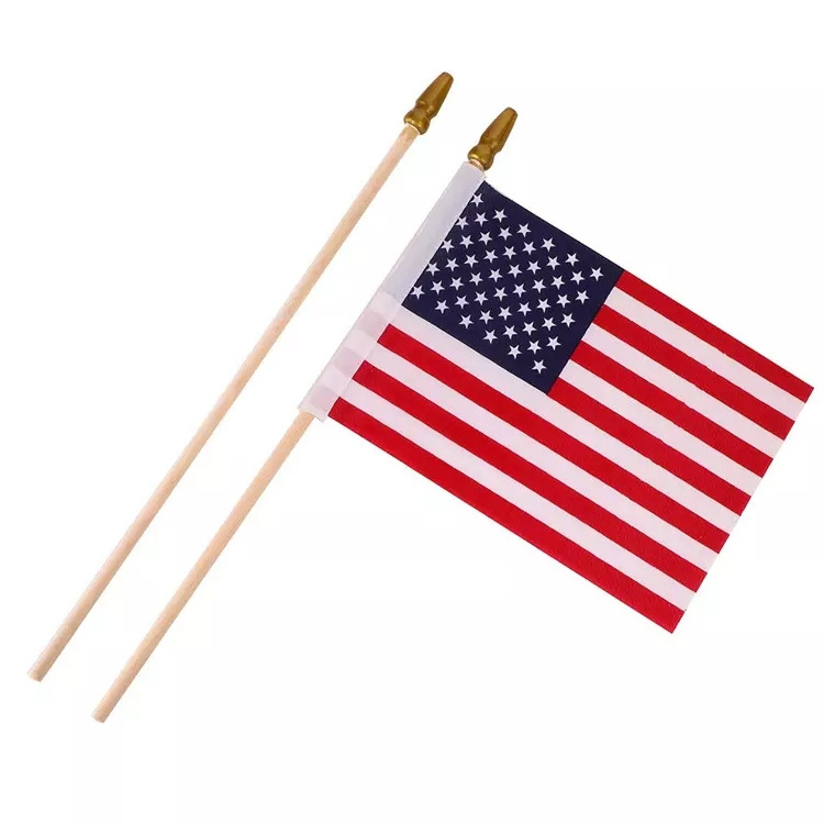 Wooden stick USA Hand Waving Flag with 25cm wooden pole Cheap custom printed USA hand held flag mini hand waving flag