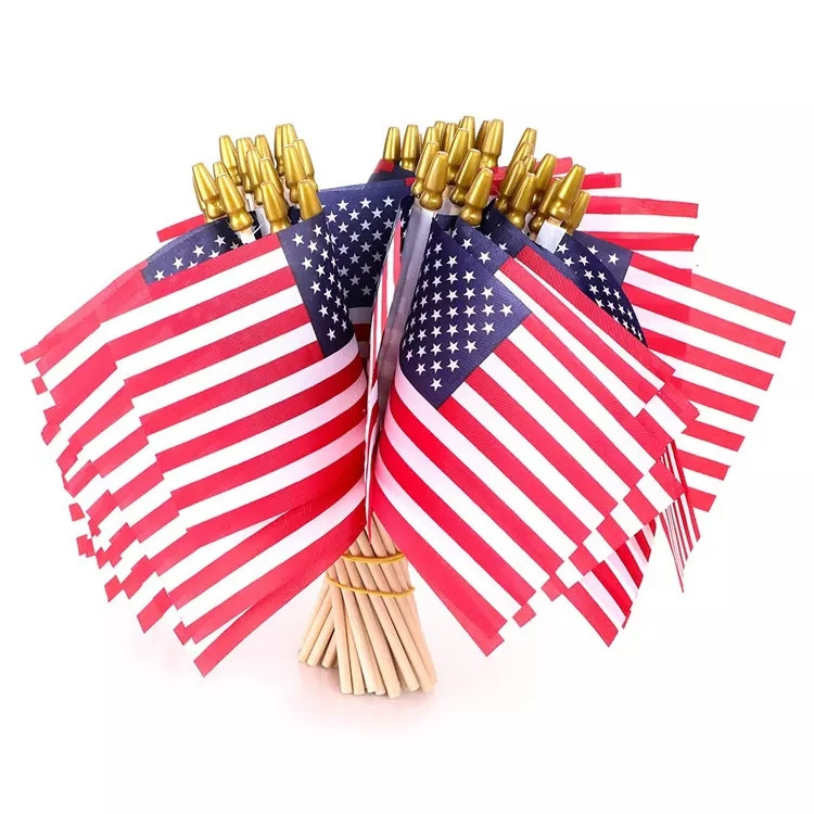 Wooden stick USA Hand Waving Flag with 25cm wooden pole Cheap custom printed USA hand held flag mini hand waving flag