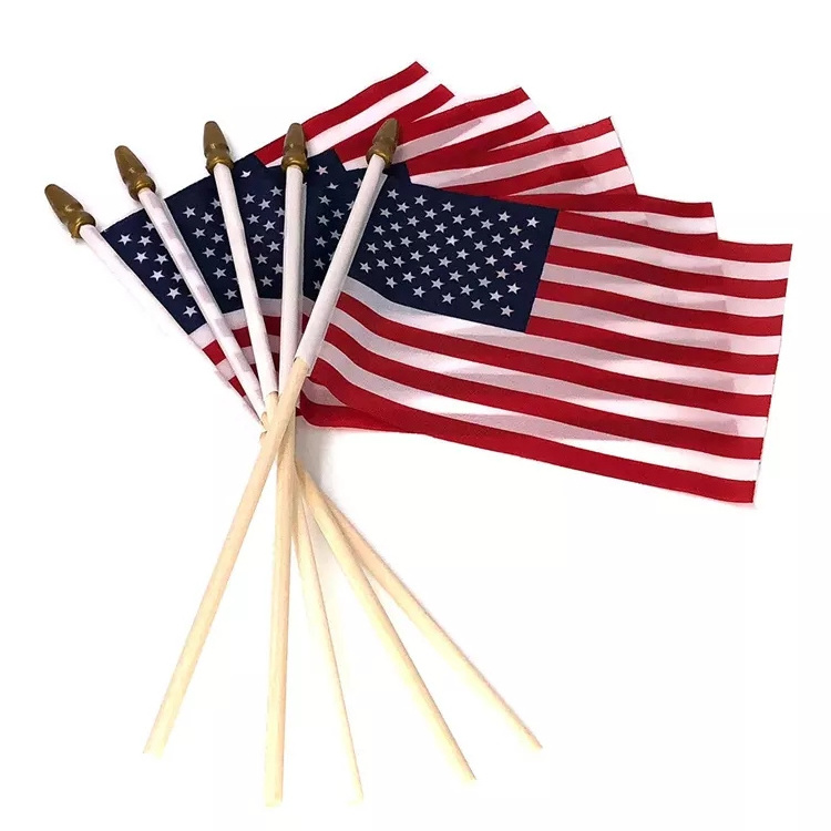 Wooden stick USA Hand Waving Flag with 25cm wooden pole Cheap custom printed USA hand held flag mini hand waving flag