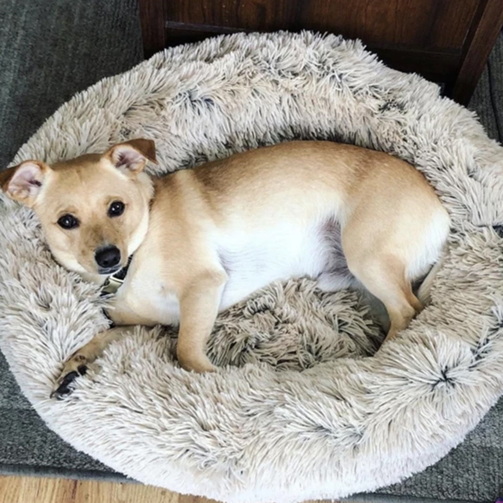 Calming Small XXL Dog Beds Soft Plush Anti-Anxiety Pet Cat Bed Warming Super Cozy Soft Puppy Donut Round Bed