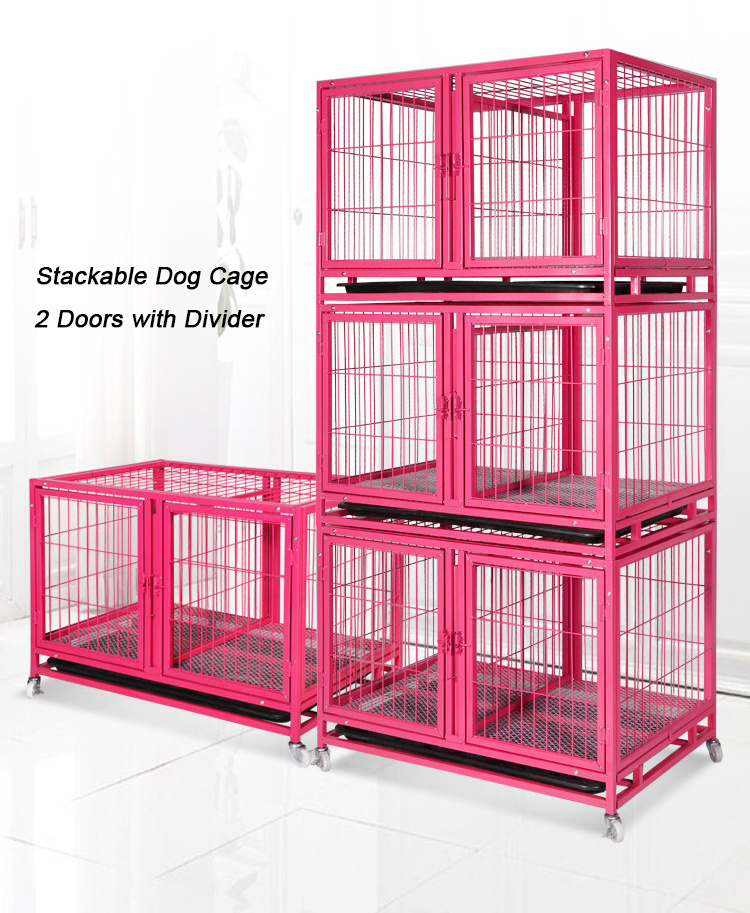 Manufacturer Hot Sale Double Doors Metal Divider Pet Dog Cage with Wheels Stainless Dog Cage Bank