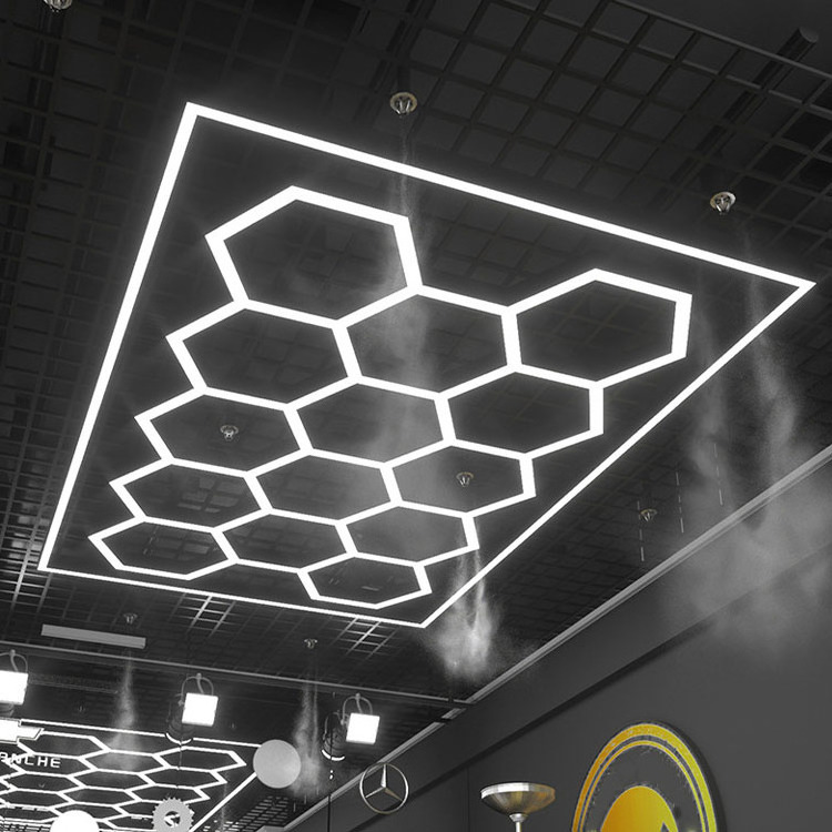 Ac-Powered Suspended Aluminum Hexagonal LED Ceiling Light for Garage Car Detailing Studio & Nightclub Honeycomb White Emission