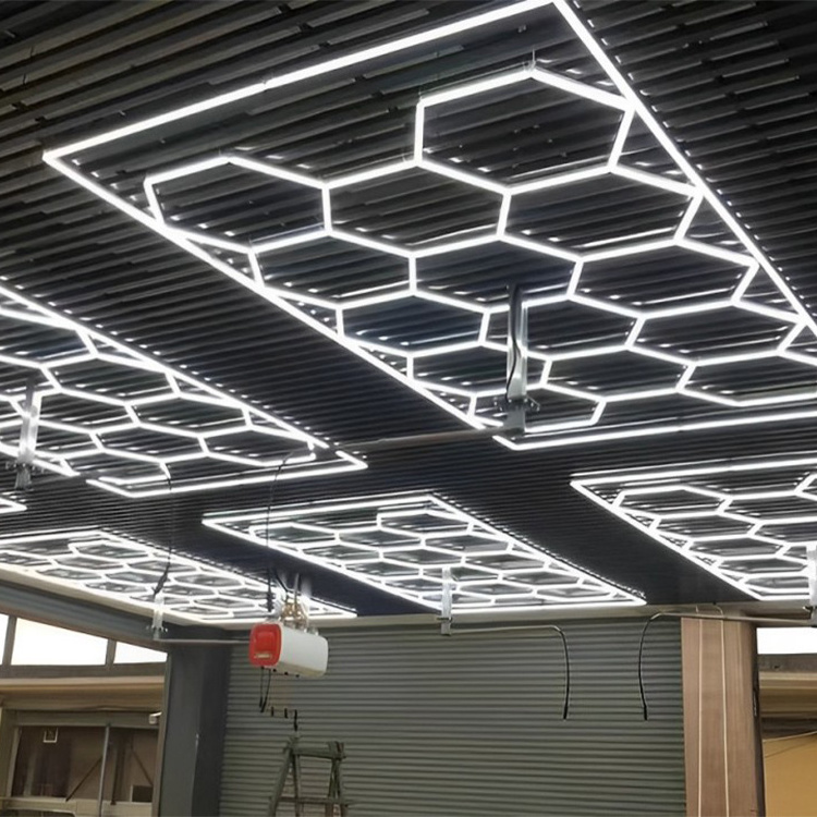 Factory direct sale hexagonal aluminum grid ceiling detail honeycomb LED light for commercial auto show floor