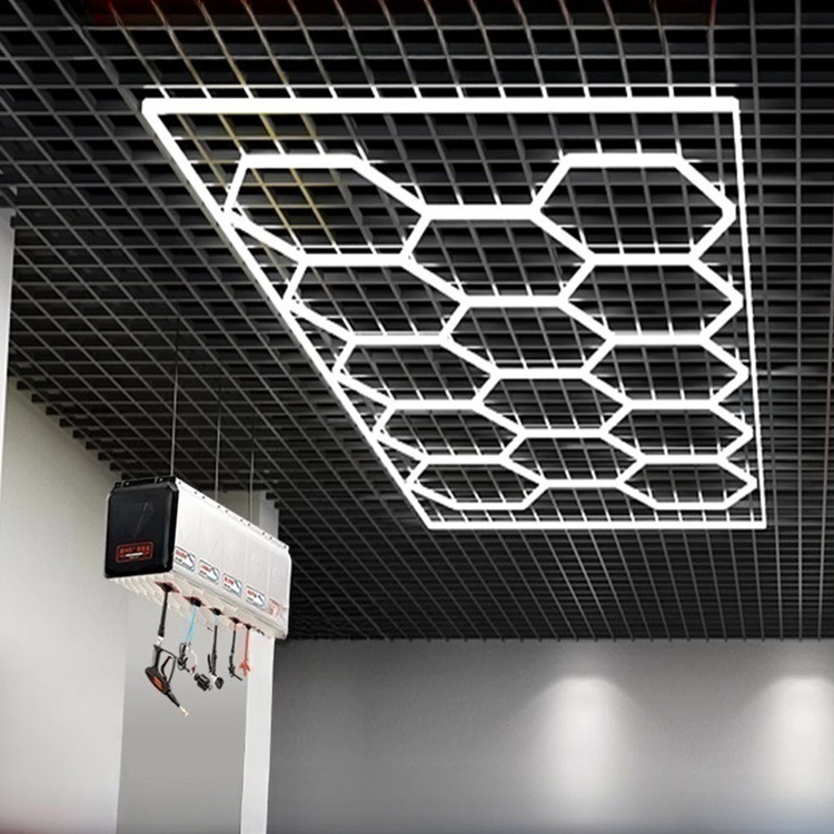 Ac-Powered Suspended Aluminum Hexagonal LED Ceiling Light for Garage Car Detailing Studio & Nightclub Honeycomb White Emission