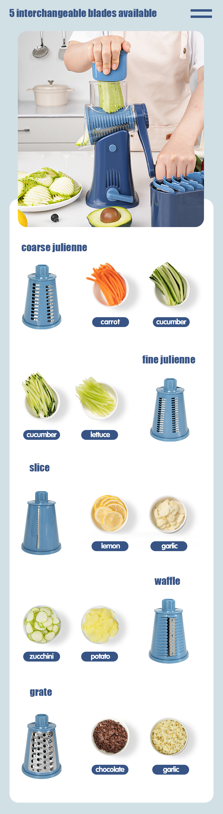 Vegetable Mandoline Slicer Swift Rotary Drum Grater Nut Grater Vegetable Slicer Peeler Spiralizer Cheese Chopper