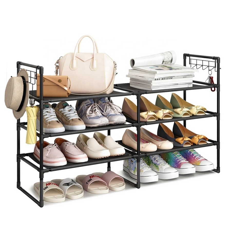 4-Tier Shoe Organizer Storage, Metal Shoe Shelf for 16-20 Pairs of Shoe Rack  with 2 Hooks