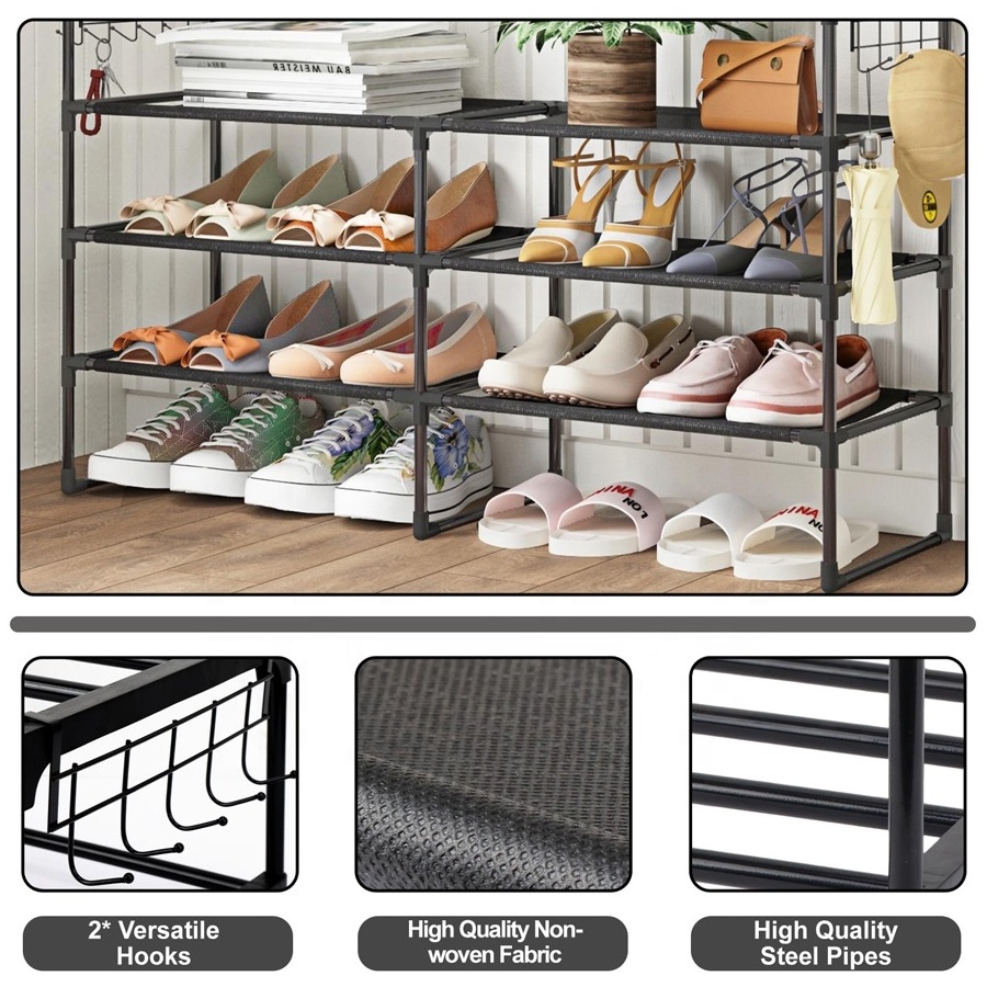 4-Tier Shoe Organizer Storage, Metal Shoe Shelf for 16-20 Pairs of Shoe Rack  with 2 Hooks