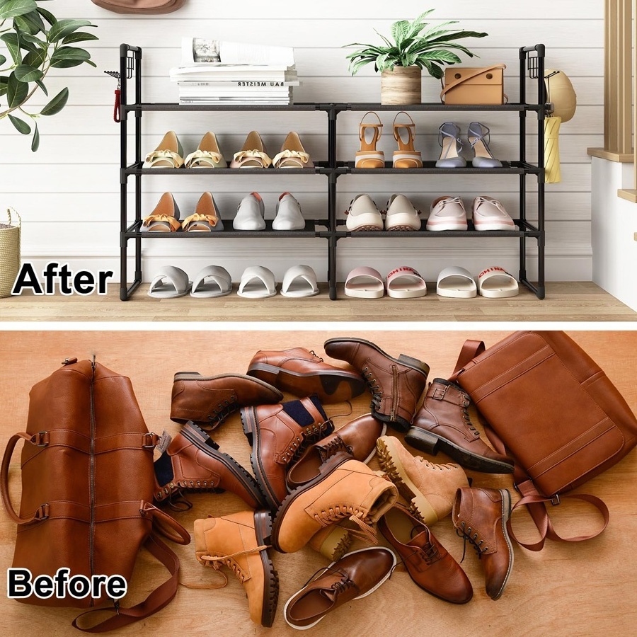 4-Tier Shoe Organizer Storage, Metal Shoe Shelf for 16-20 Pairs of Shoe Rack  with 2 Hooks