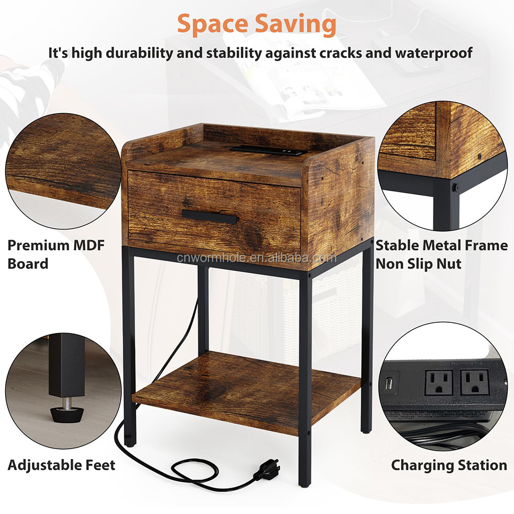 End Tables with USB Ports and Power Outlets Nightstand Side Table Storage Shelf with Drawer