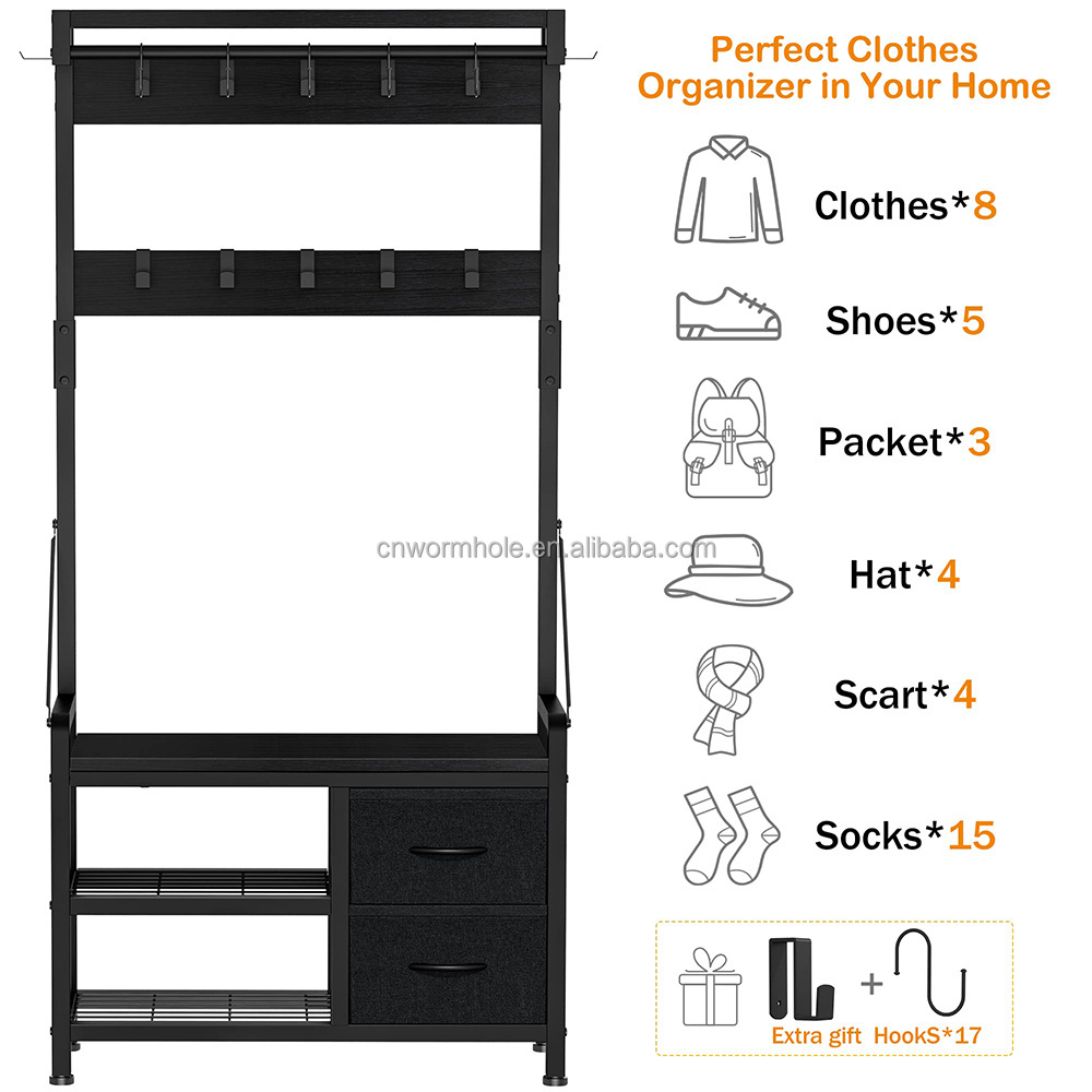 OEM OEM 3-In-1 Hall Tree Coat Rack Entryway Coat Rack Shoe Bench with 9 Movable Hooks with Shoe Storage Bench