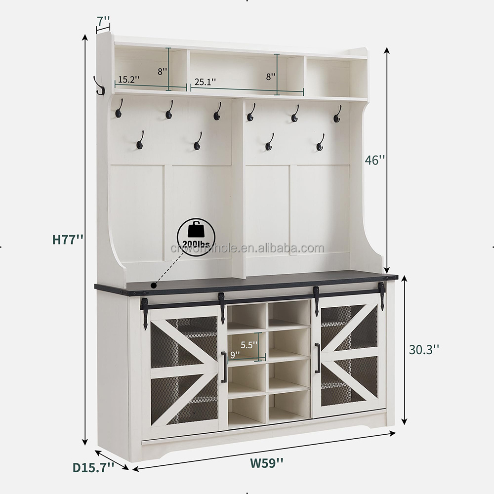 20 Shoe Cubbies & 12 Coat Hooks Farmhouse Entryway Bench with Coat Rack Wide Hall Tree with Shoe Storage Bench