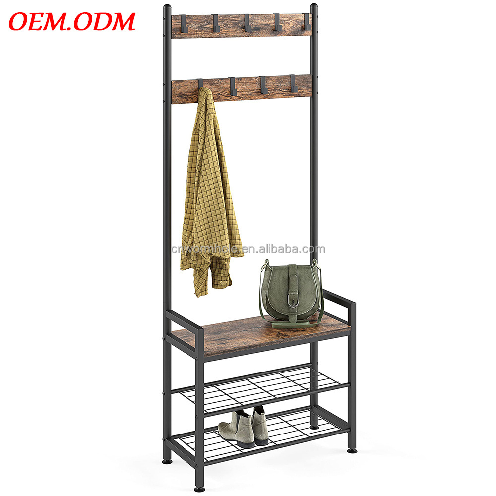 OEM OEM Black Steel Frame Entryway Coat Rack with Shoe Bench 3-in-1 Hall Tree and Shoe Rack Storage Shelf Organizer