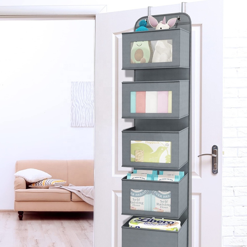 Wall Mount Pantry Storage Over the Door Hanging Closet Organizer with 5 Large Pockets and Clear Window