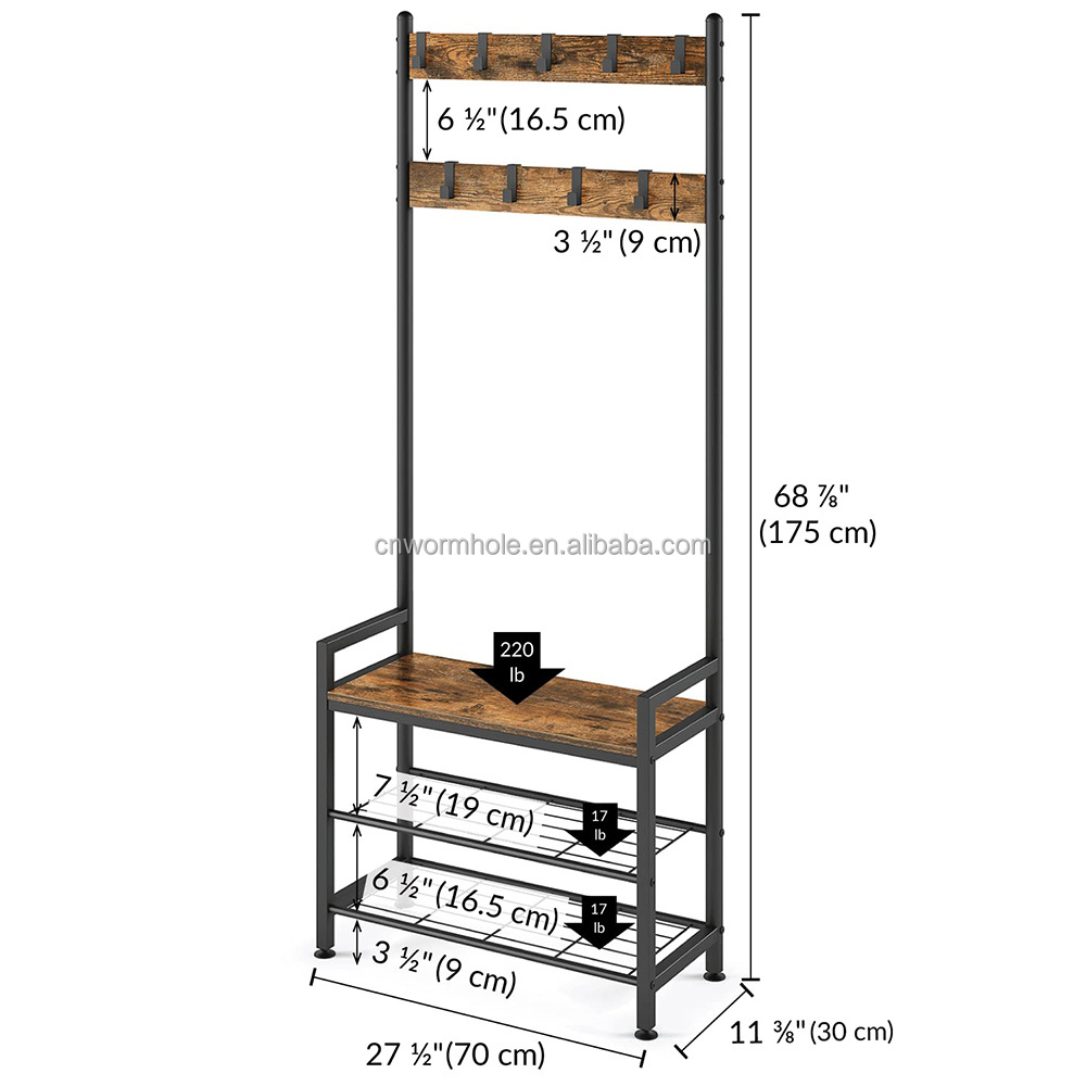 OEM OEM Black Steel Frame Entryway Coat Rack with Shoe Bench 3-in-1 Hall Tree and Shoe Rack Storage Shelf Organizer