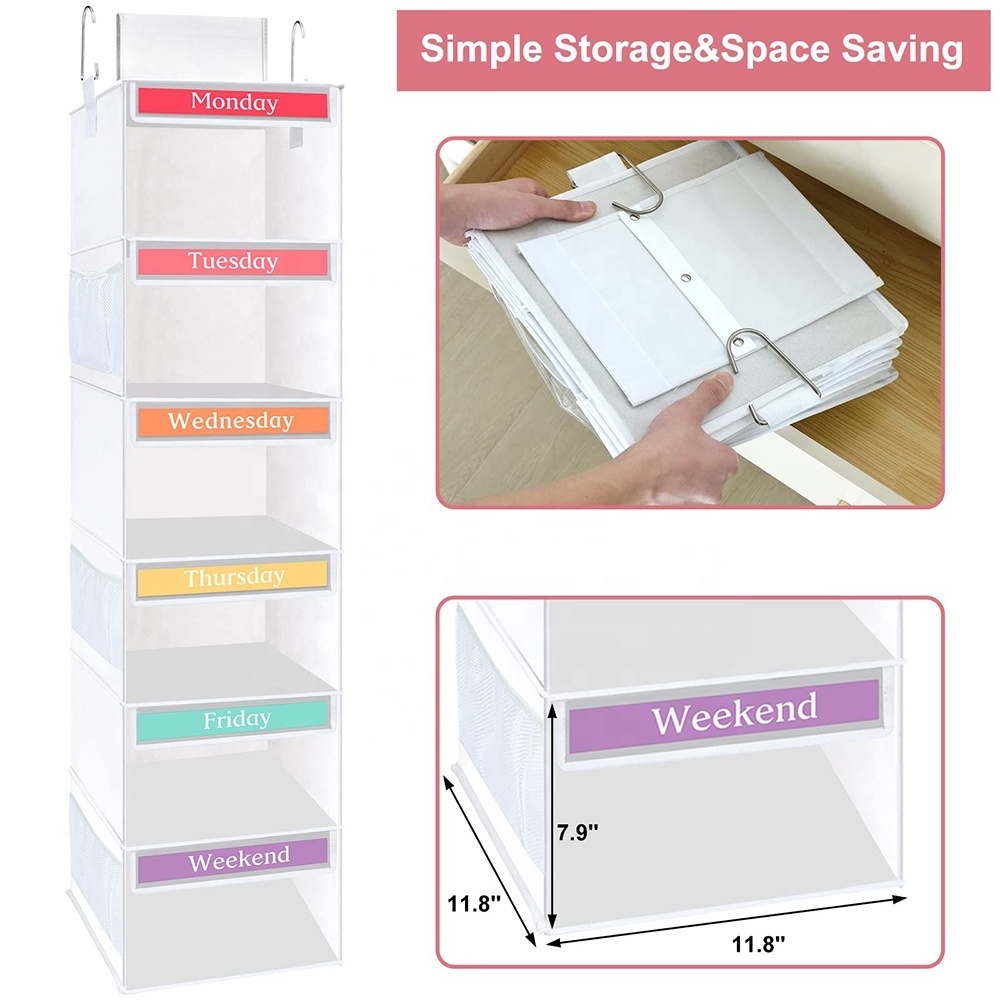 Collapsible Weekday Closet Daily Clothes Organizer Hanging Storage Shelves 6-Shelf Hanging Closet Organizer