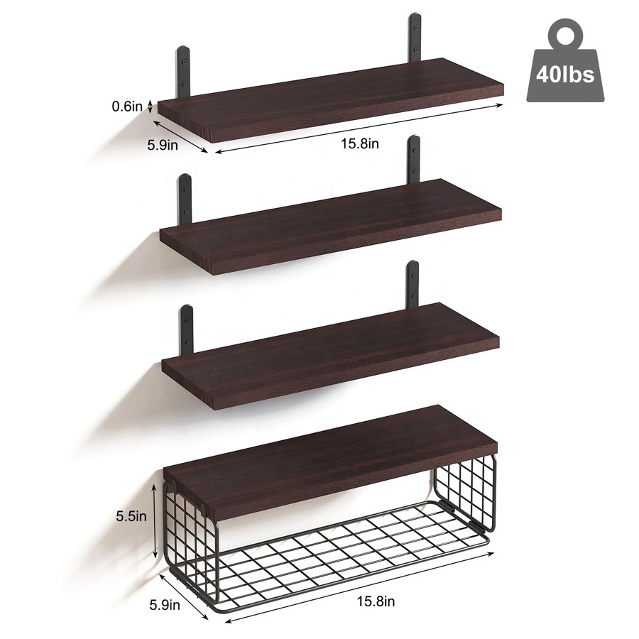 4+1 Tier Floating Shelves Rustic Wood Wall Mounted Shelf Bathroom Shelves Over Toilet with Wire Storage Basket