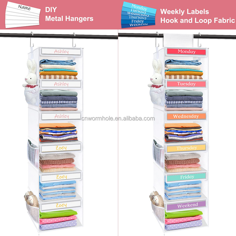 Collapsible Weekday Closet Daily Clothes Organizer Hanging Storage Shelves 6-Shelf Hanging Closet Organizer