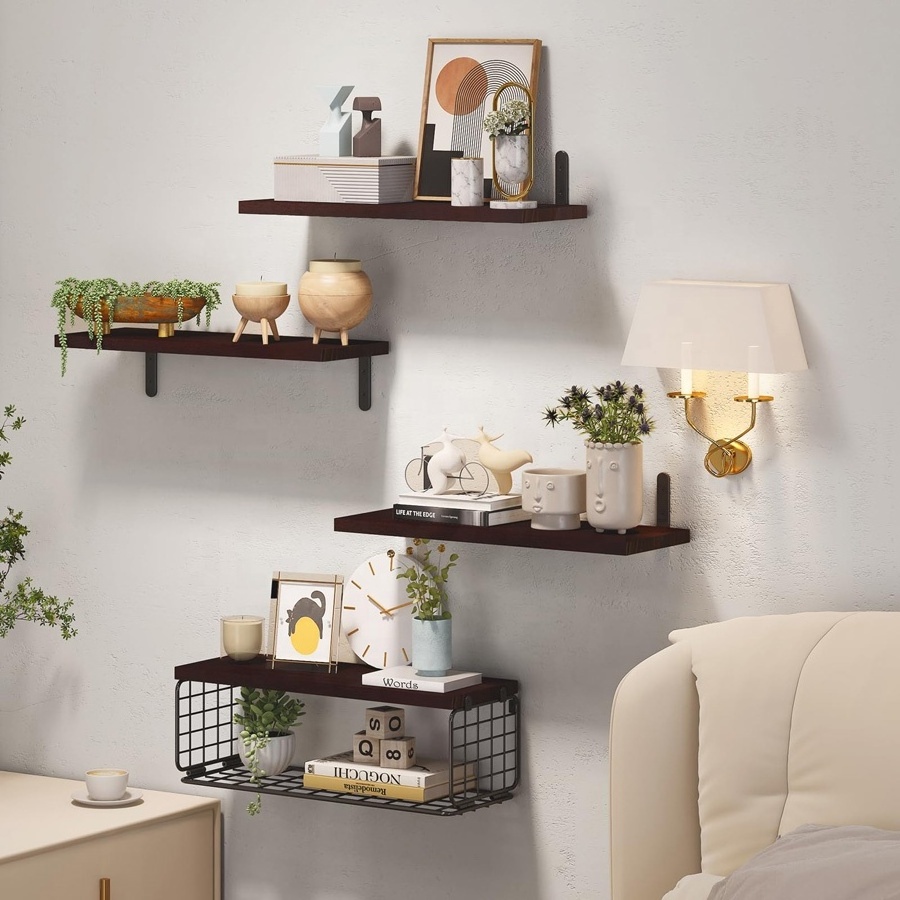 4+1 Tier Floating Shelves Rustic Wood Wall Mounted Shelf Bathroom Shelves Over Toilet with Wire Storage Basket