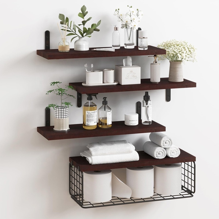 4+1 Tier Floating Shelves Rustic Wood Wall Mounted Shelf Bathroom Shelves Over Toilet with Wire Storage Basket