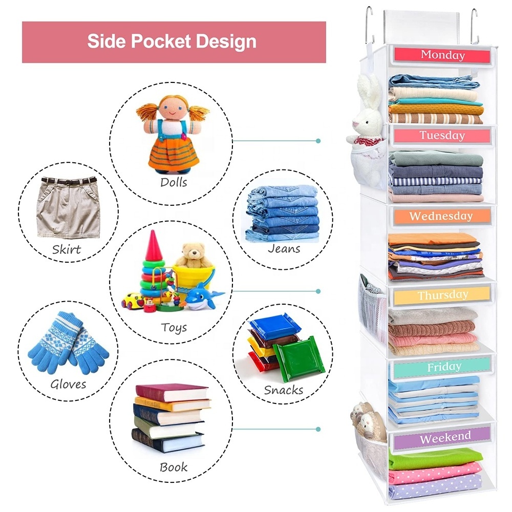 Collapsible Weekday Closet Daily Clothes Organizer Hanging Storage Shelves 6-Shelf Hanging Closet Organizer